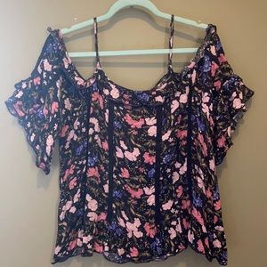 AE American Eagle Navy Pink Floral Cold Shoulder
